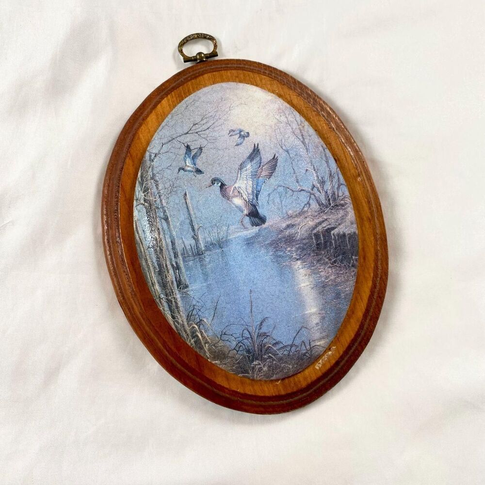 Vintage wall art scene of mallard ducks flying oval wooden Frame & Brass Hook